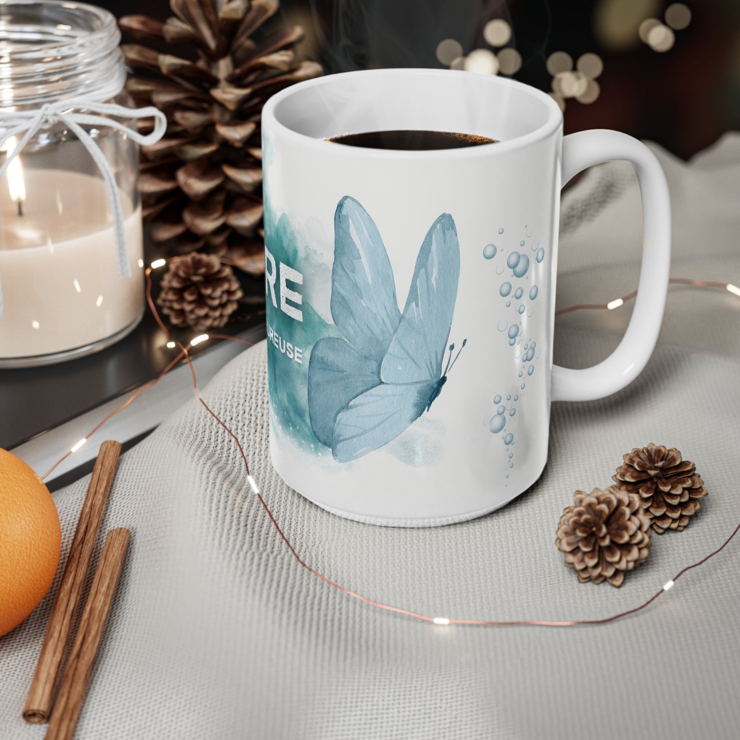 Tasse "Libre et heureuse" - Papillon turquoise - Tasse inspiration - Cadeau motivation - Mindfulness, 11oz, 15oz