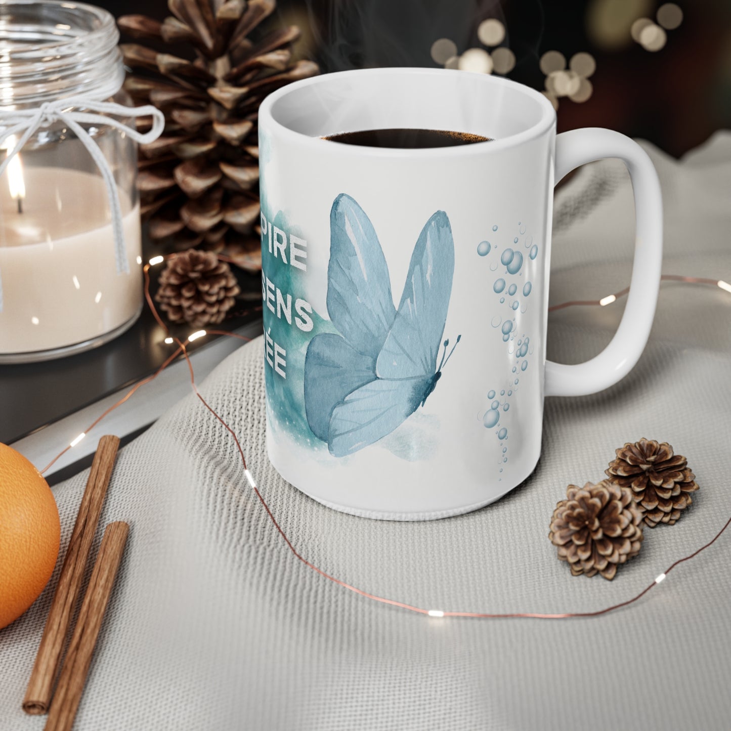 Tasse "Respire·Ressens·Crée" - Papillon Turquoise- Cadeau Bien-être - Tasse inspirante -  Mindfulness, 11oz, 15oz