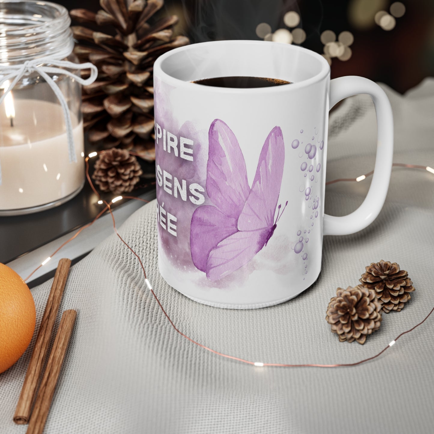 Tasse "Respire·Ressens·Crée" - Papillon Violet/Lavance - Cadeau Bien-être · Tasse inspirante · Mindfulness 11oz, 15oz