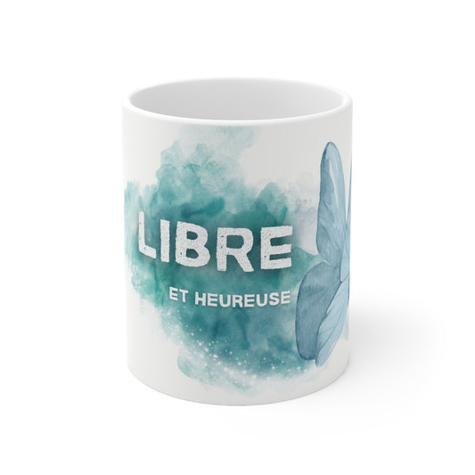 Tasse "Libre et heureuse" - Papillon turquoise - Tasse inspiration - Cadeau motivation - Mindfulness, 11oz, 15oz