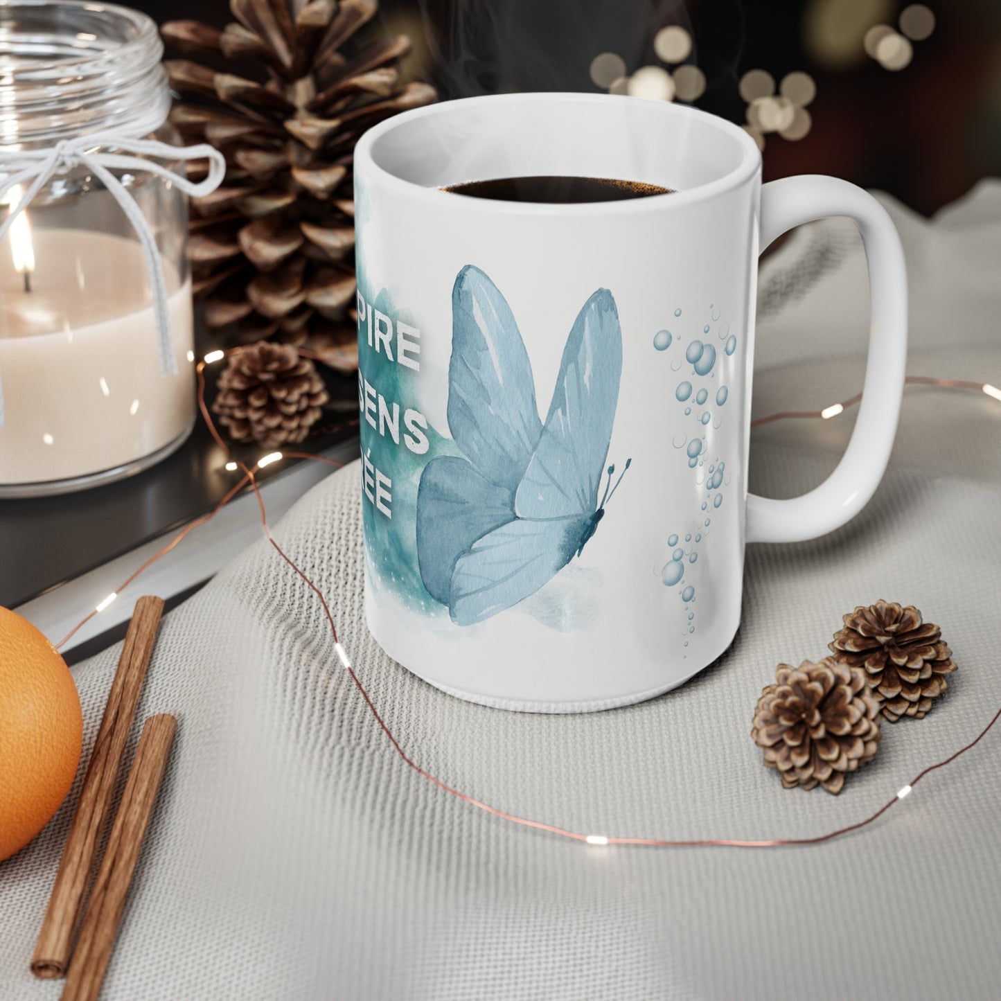 Tasse "Respire·Ressens·Crée" - Papillon Turquoise- Cadeau Bien-être - Tasse inspirante -  Mindfulness, 11oz, 15oz