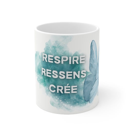 Tasse "Respire·Ressens·Crée" - Papillon Turquoise- Cadeau Bien-être - Tasse inspirante -  Mindfulness, 11oz, 15oz